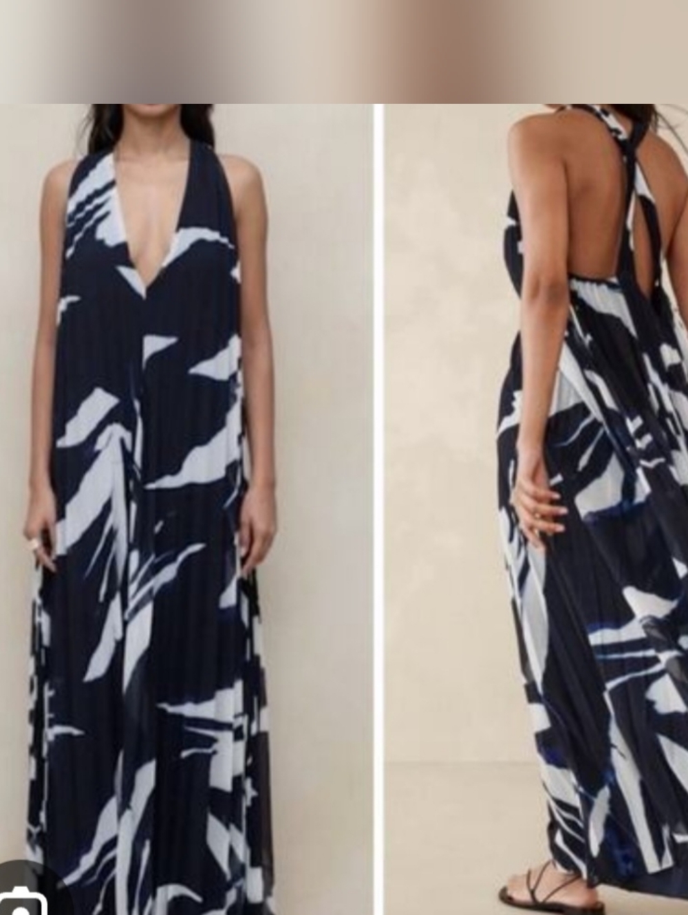 Banana Republic Navy and White Abstract Halter Maxi Dress